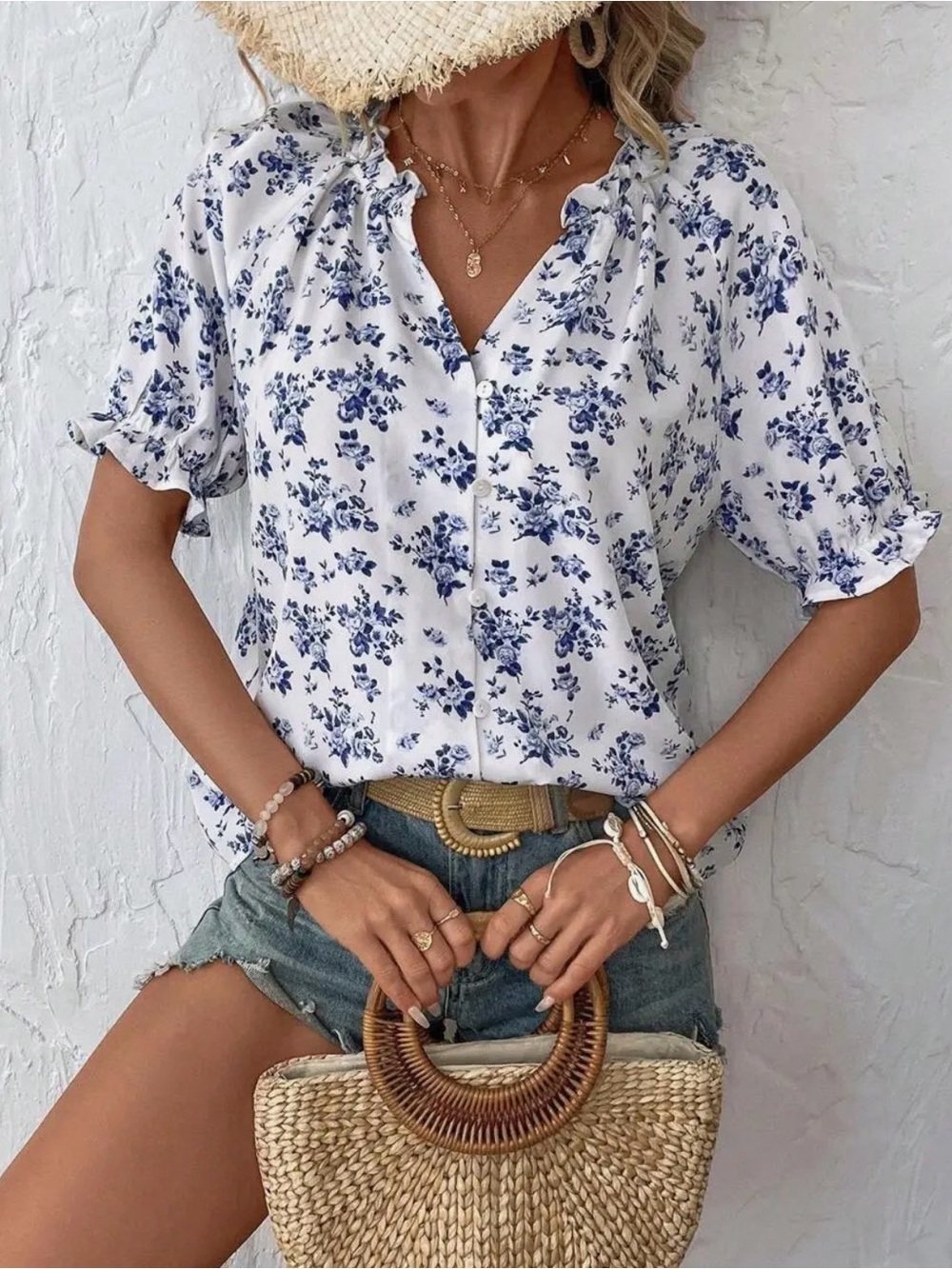 Floral Ruffle Button-Front Top in White & Blue - Picture 3 of 3